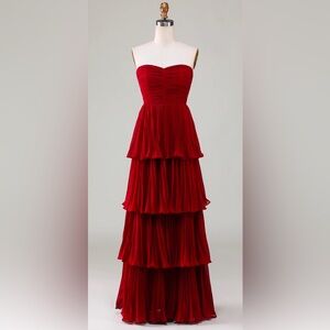 Strapless Tiered Burgundy Red Long Formal Dress - Prom- Dance